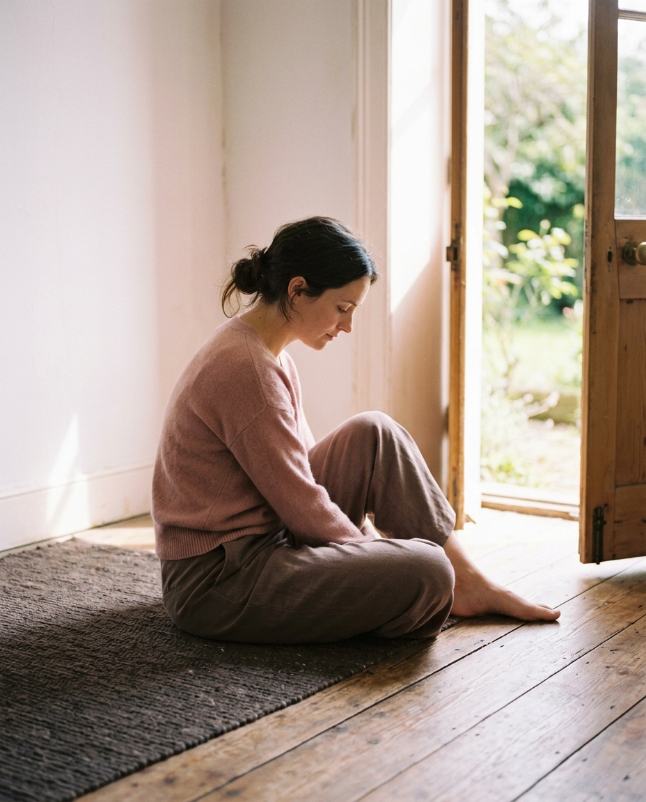 A woman curls inward as soft light reaches toward her from a doorway.