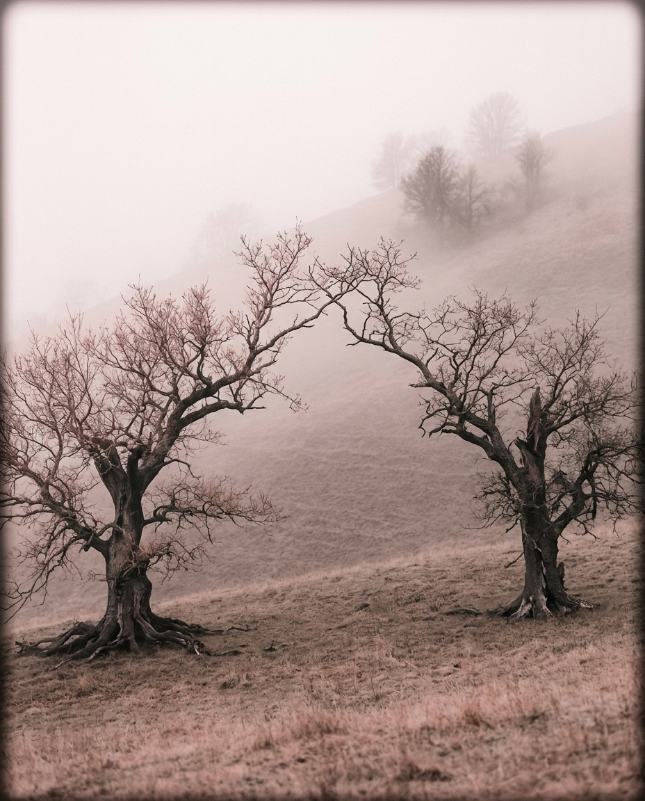 Two trees stand apart, their branches meeting gently at the tips.