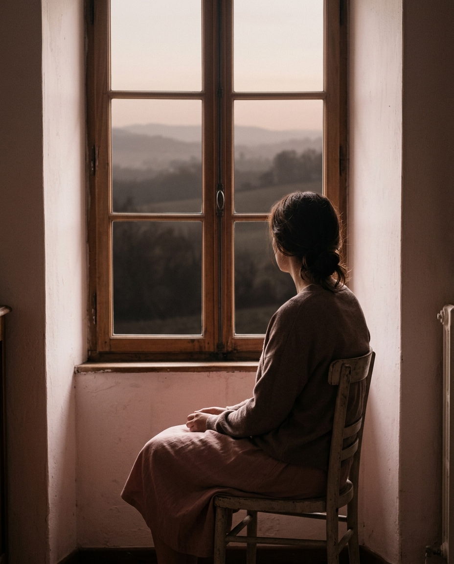 A woman sits by a window at dusk, looking into the distance, evoking ambiguous loss.